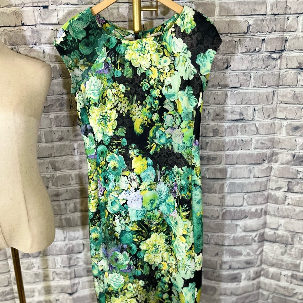 Beige by eci Vibrant Green and Black Floral Midi Dress